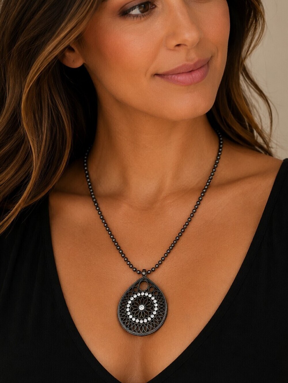 3/$30 Rhinestone Teardrop Gunmetal Pendant Ball Chain Sweater Necklace